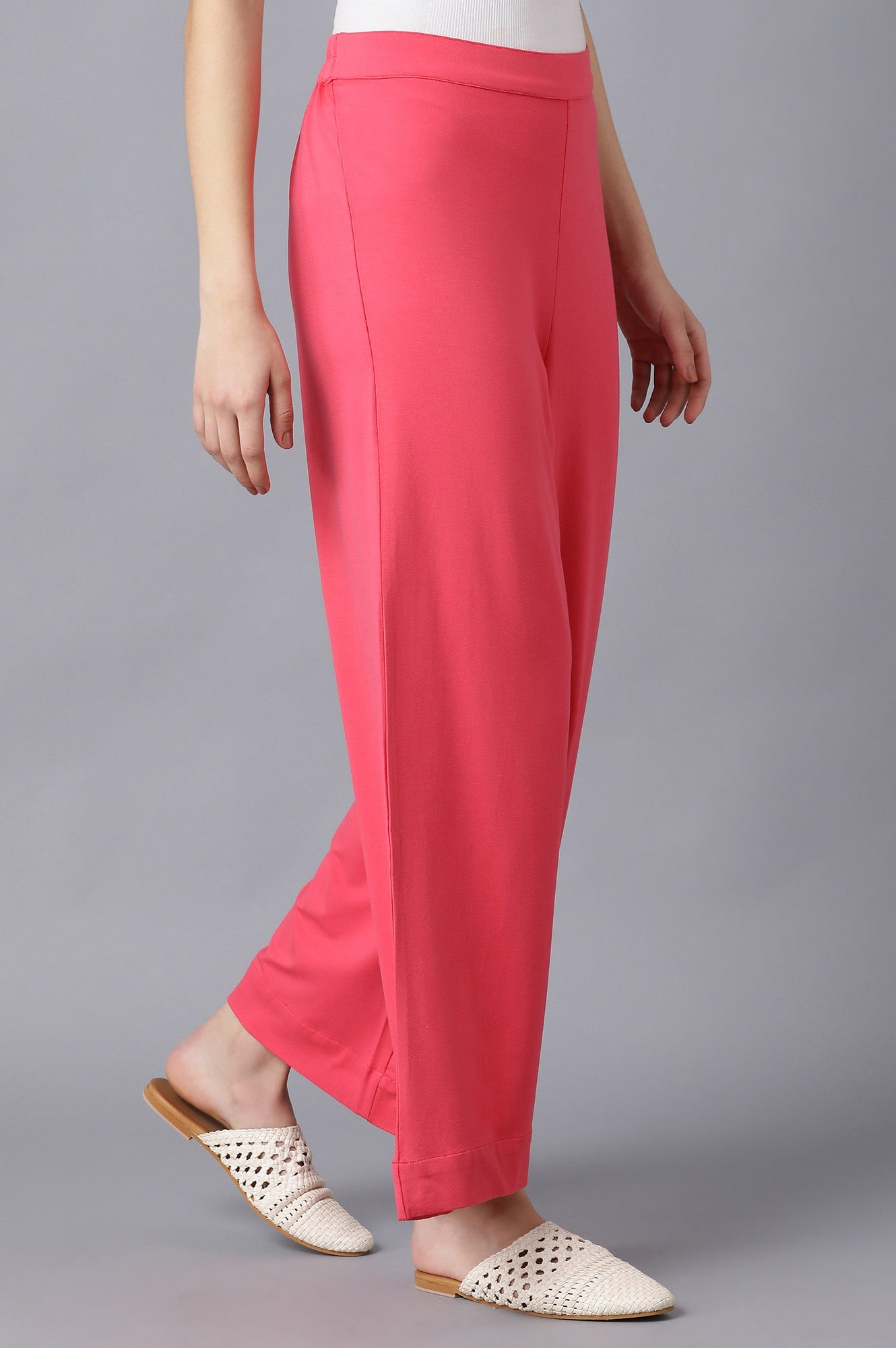 Pink Solid Straight Fit Cotton Palazzo With Elasticated Waist