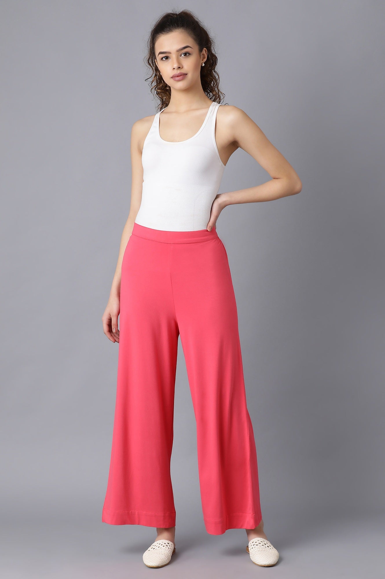 Pink Solid Straight Fit Cotton Palazzo With Elasticated Waist