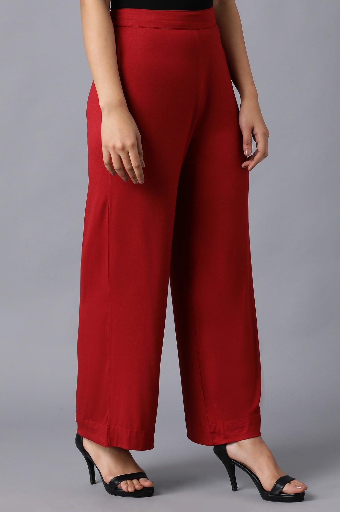 Red Solid Straight Fit Cotton Palazzo With Elasticated Waistband