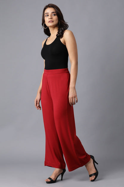 Red Solid Straight Fit Cotton Palazzo With Elasticated Waistband