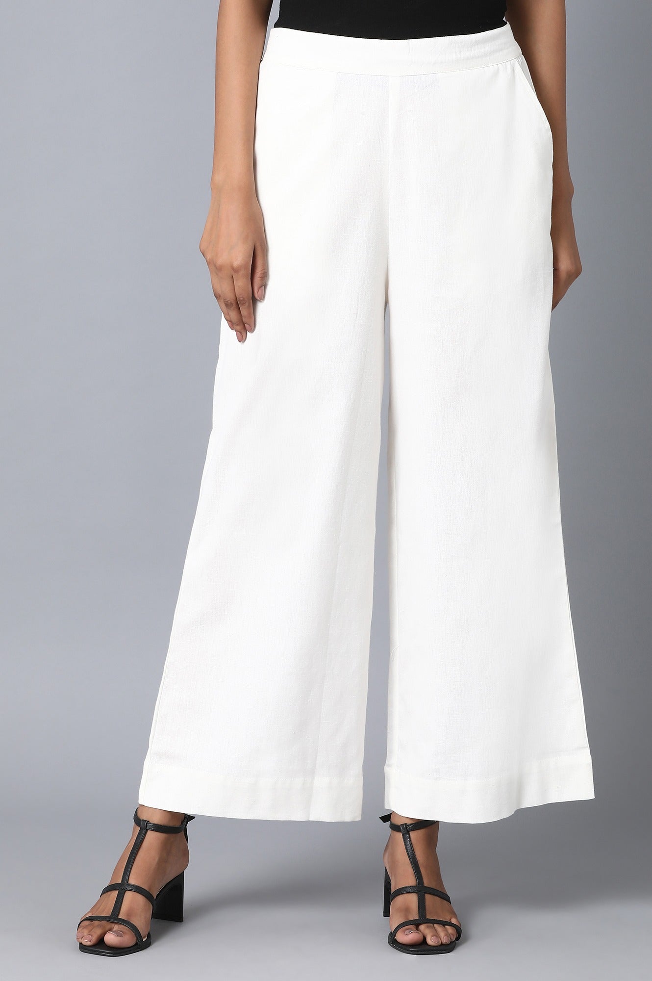 White Solid Wide Leg Cotton Palazzo With Elasticated Waist