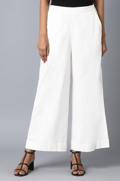 White Solid Wide Leg Cotton Palazzo With Elasticated Waist