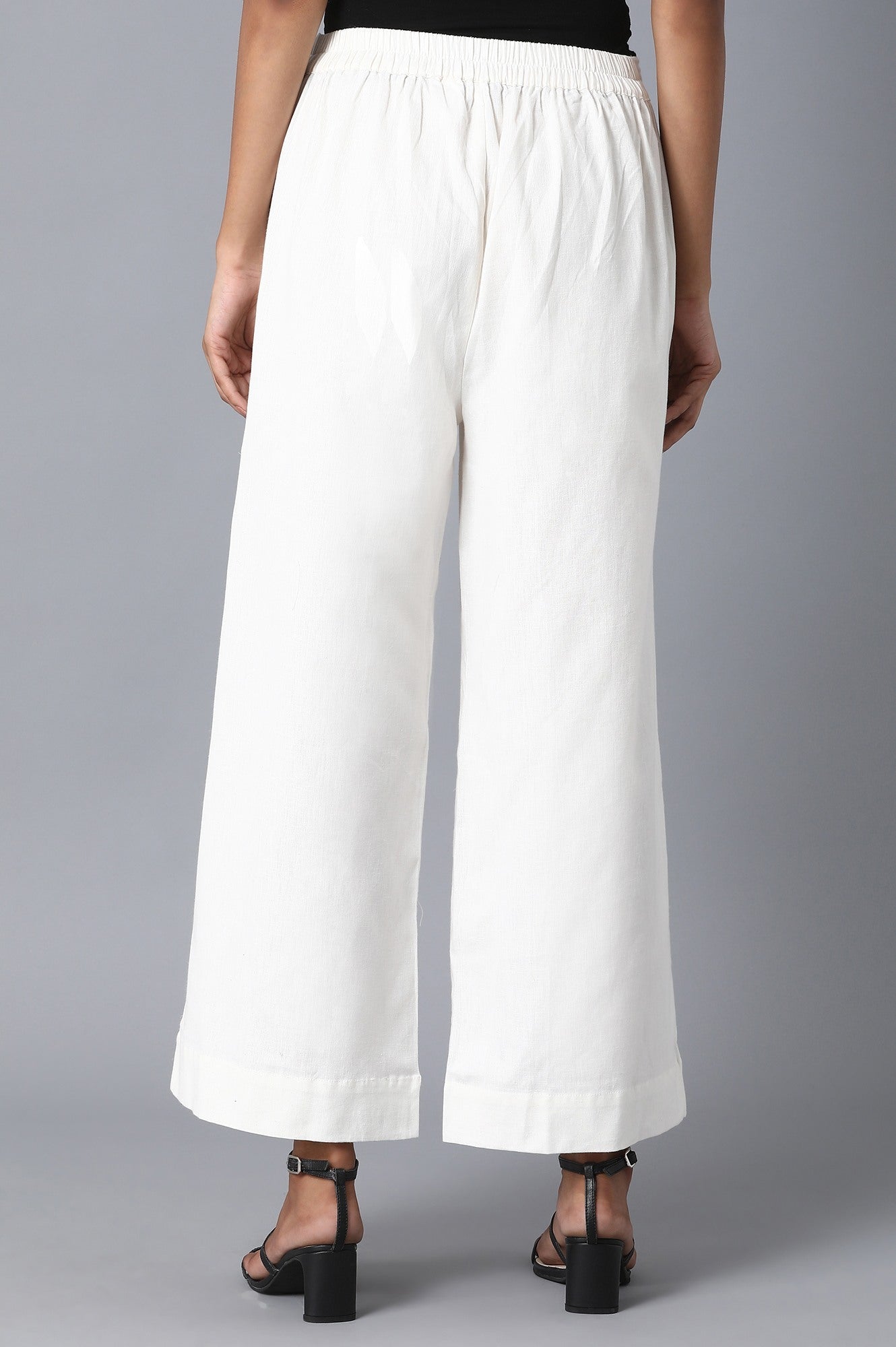 White Solid Wide Leg Cotton Palazzo With Elasticated Waist