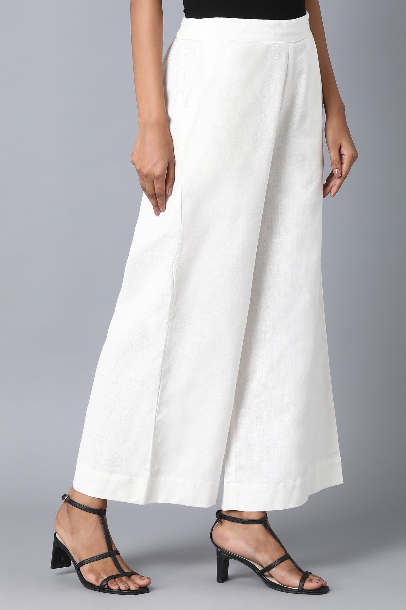 White Solid Wide Leg Cotton Palazzo With Elasticated Waist