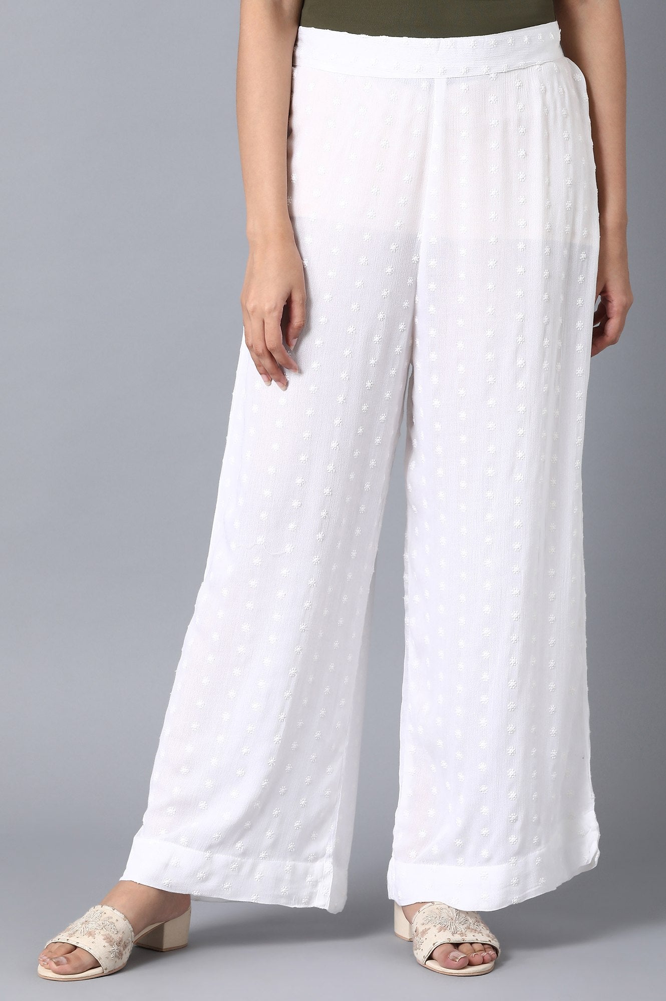 White Solid Flared Cotton Palazzo With Elasticated Waist