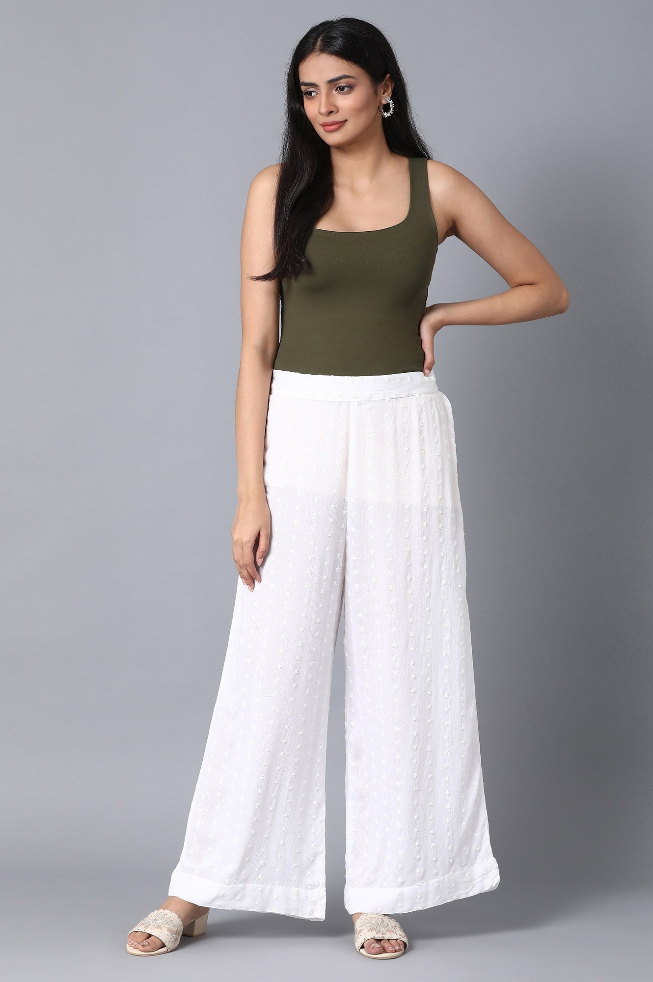 White Solid Flared Cotton Palazzo With Elasticated Waist