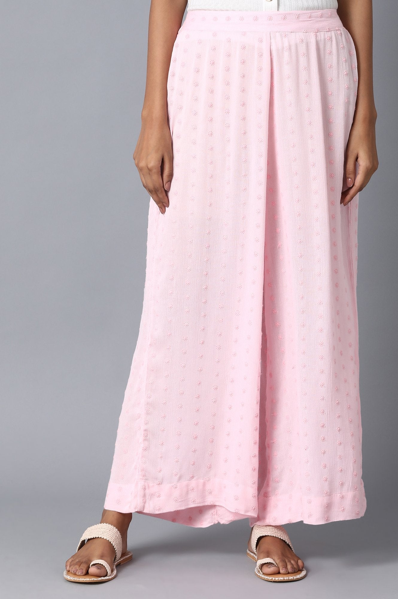 Light Pink Solid Flared Cotton Palazzo With Elasticated Waist