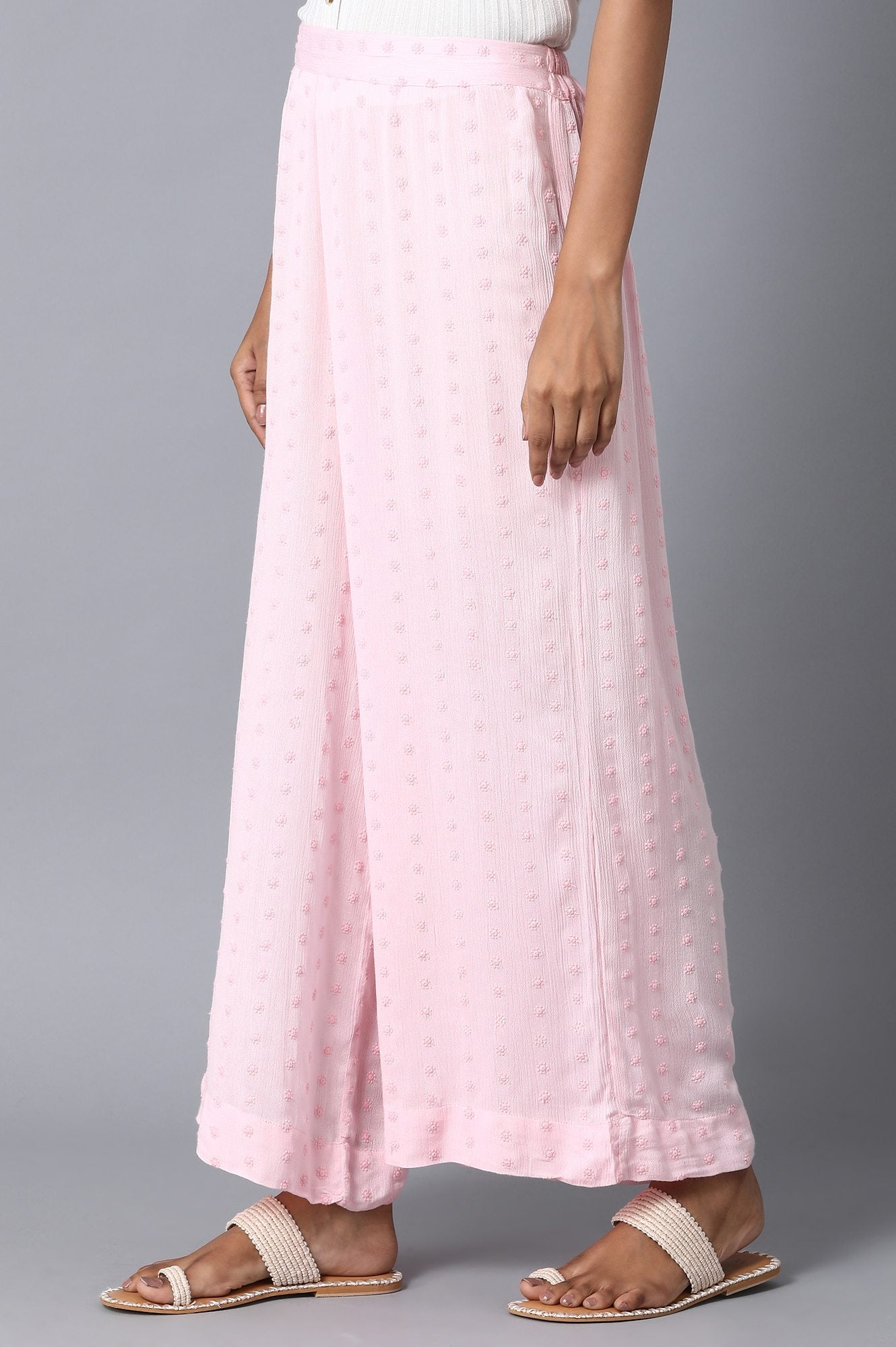 Light Pink Solid Flared Cotton Palazzo With Elasticated Waist