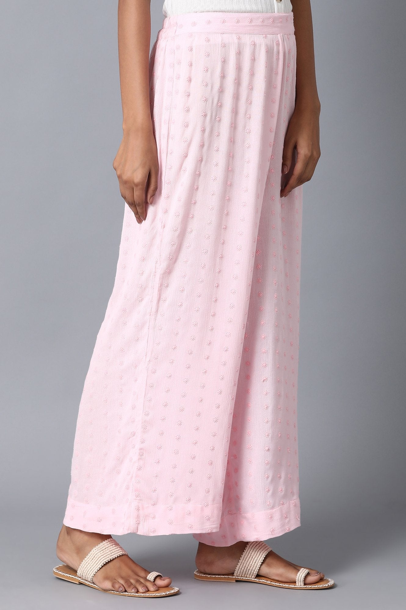 Light Pink Solid Flared Cotton Palazzo With Elasticated Waist
