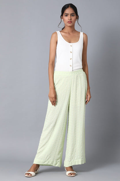 Light Green Solid Straight Fit Cotton Palazzo With Elasticated Waist