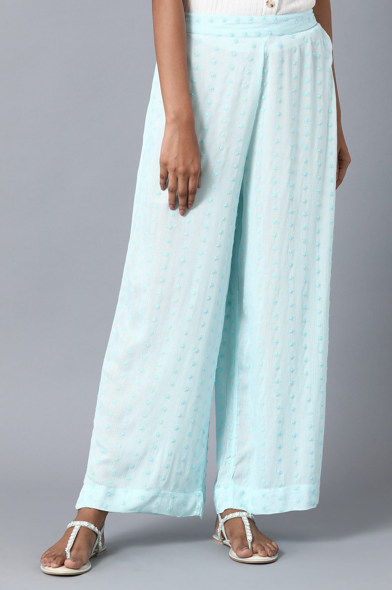 Ice Blue Solid Flared Cotton Palazzo with Elasticated Waistband