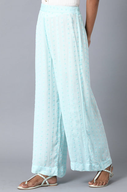 Ice Blue Solid Flared Cotton Palazzo with Elasticated Waistband