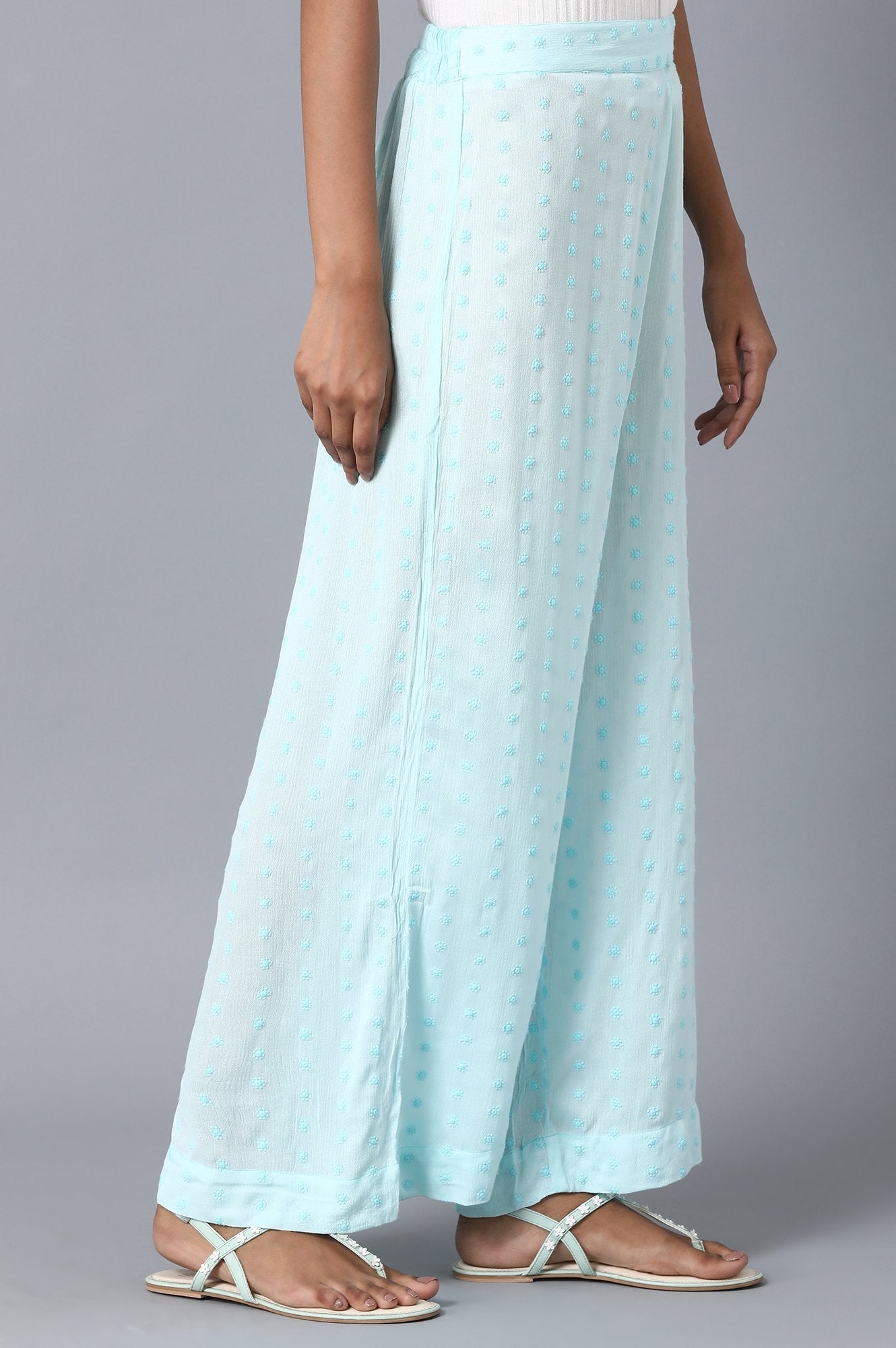 Ice Blue Solid Flared Cotton Palazzo with Elasticated Waistband