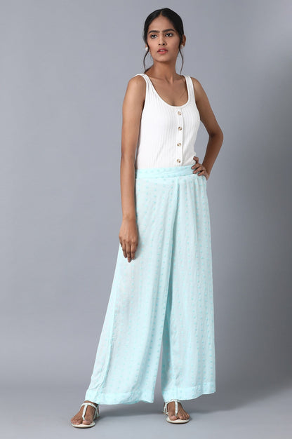 Ice Blue Solid Flared Cotton Palazzo with Elasticated Waistband