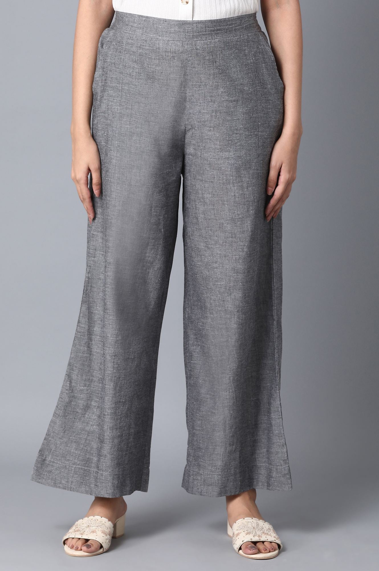 Grey Solid Straight Fit Cotton Palazzo With Elasticated Waistband