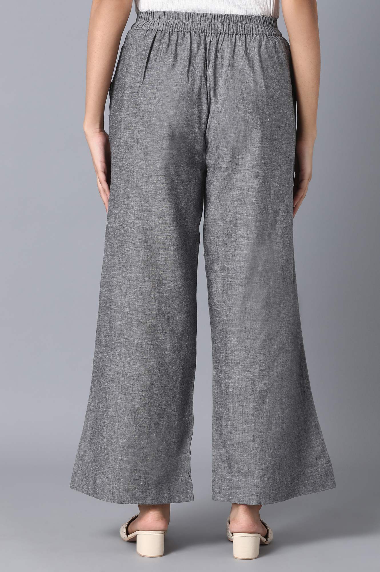 Grey Solid Straight Fit Cotton Palazzo With Elasticated Waistband