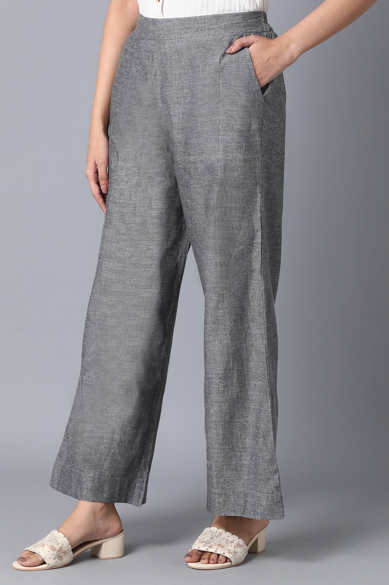 Grey Solid Straight Fit Cotton Palazzo With Elasticated Waistband
