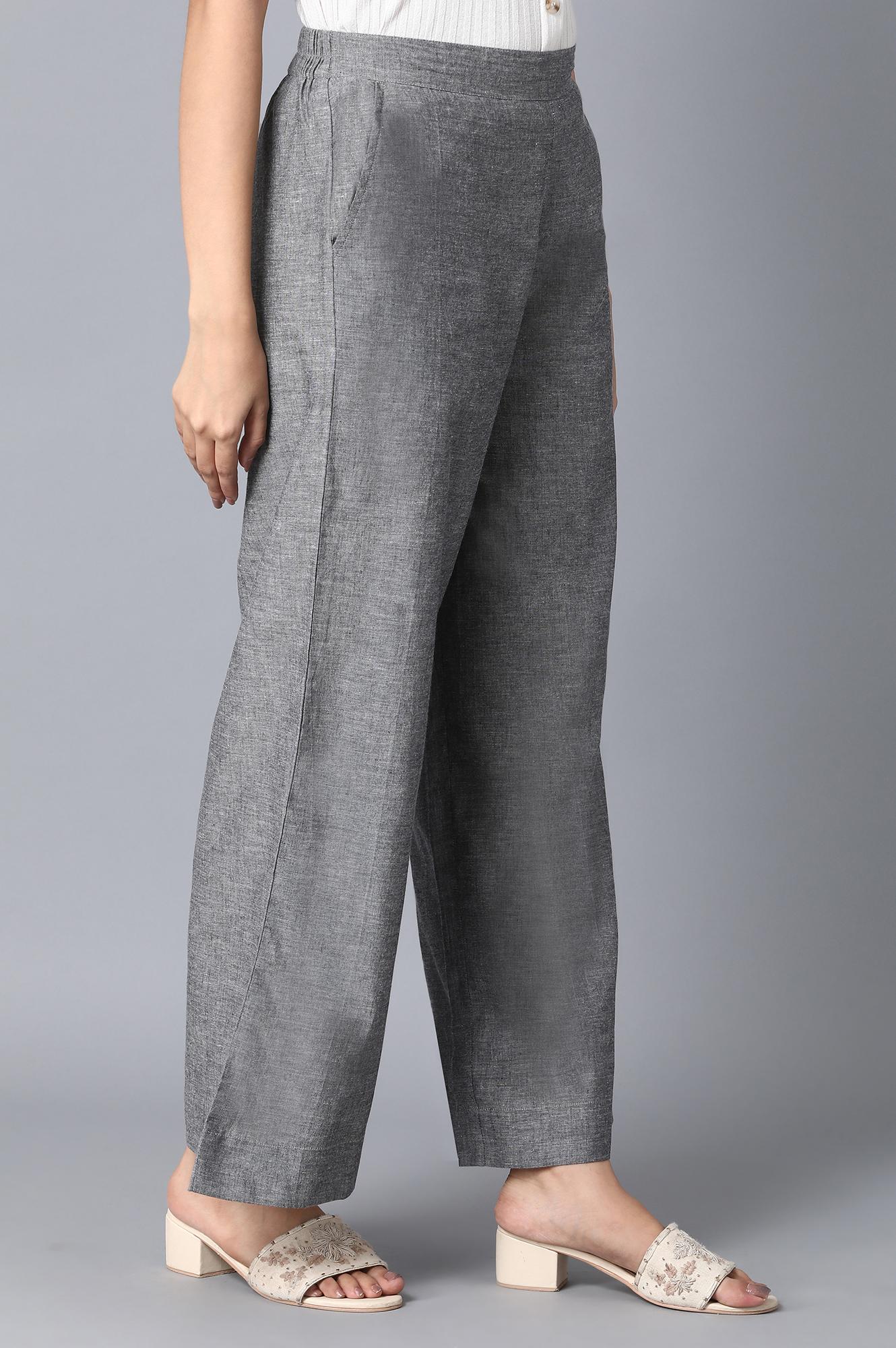 Grey Solid Straight Fit Cotton Palazzo With Elasticated Waistband