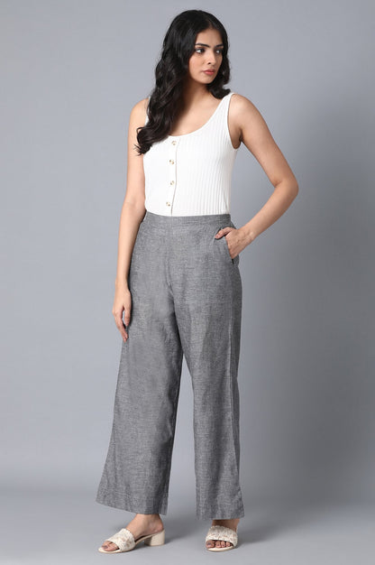 Grey Solid Straight Fit Cotton Palazzo With Elasticated Waistband