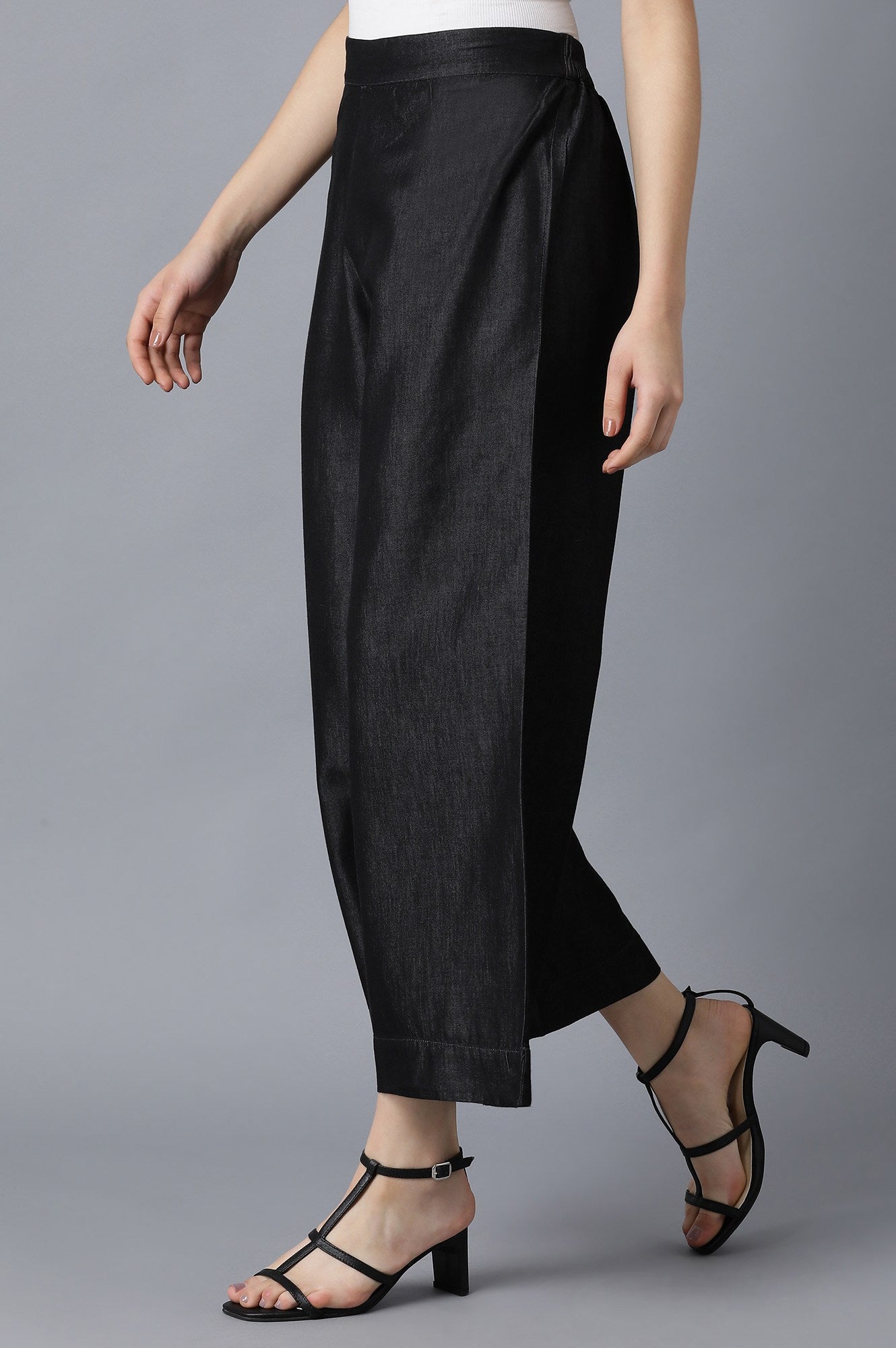 Black Solid Straight Fit Cotton Palazzo