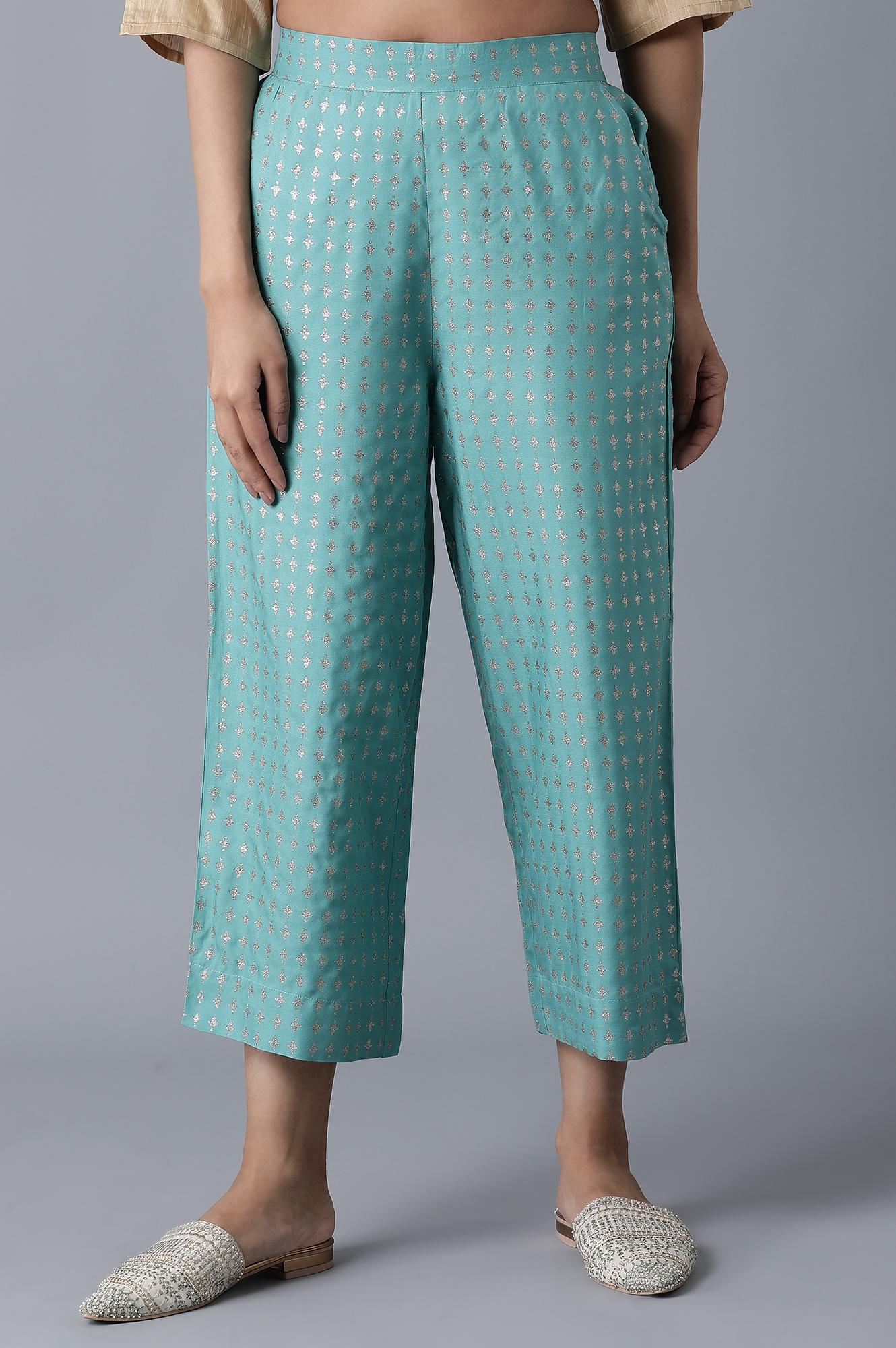 Muted Sage Green Solid Flared Palazzo With Elasticated Waistband