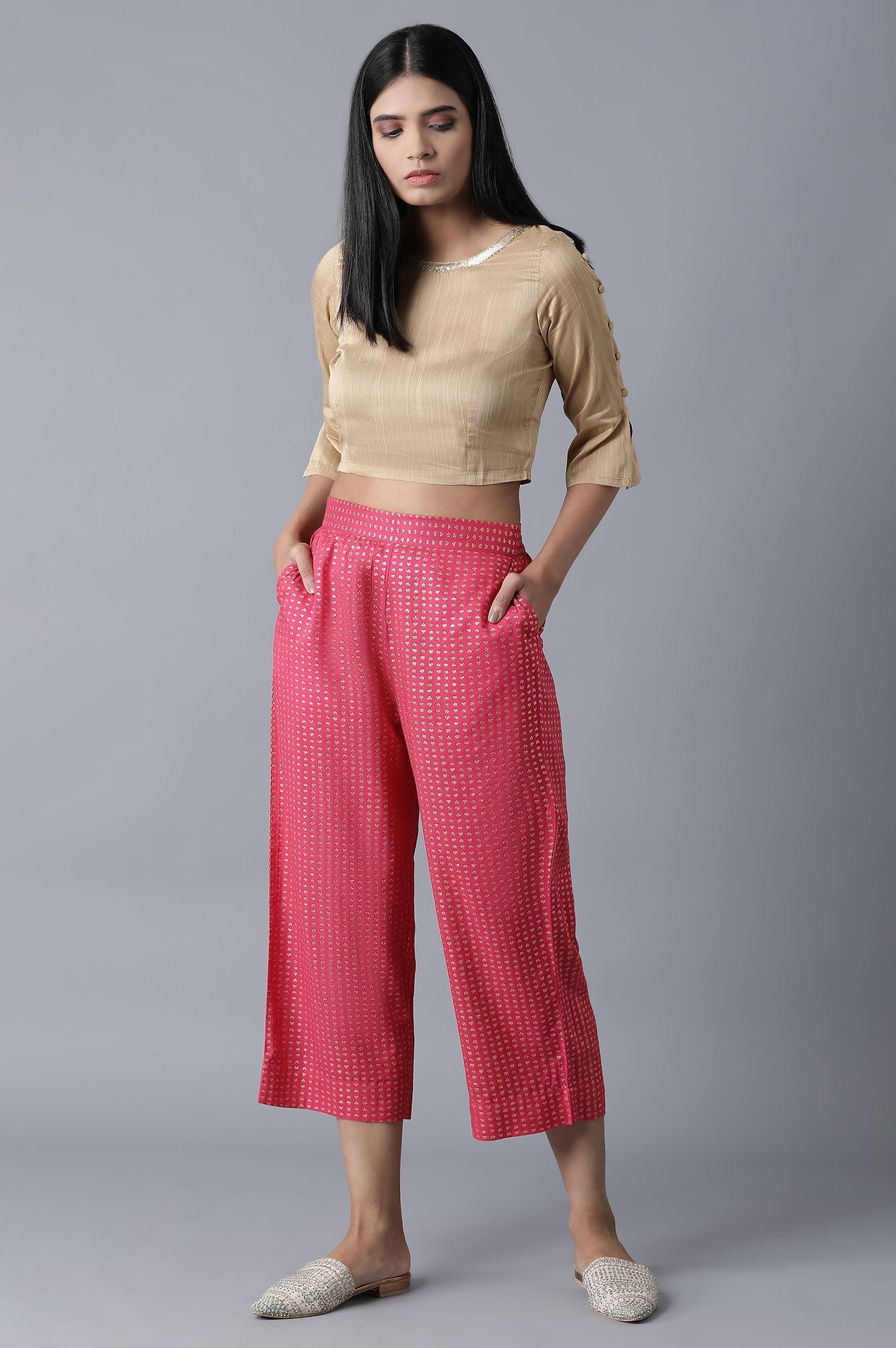 Pink Geometrical Printed Flared Cotton Palazzo with Elasticated Waist