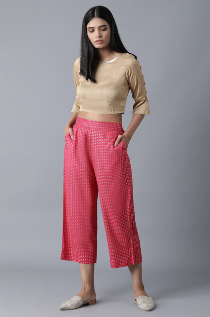 Pink Geometrical Printed Flared Cotton Palazzo with Elasticated Waist