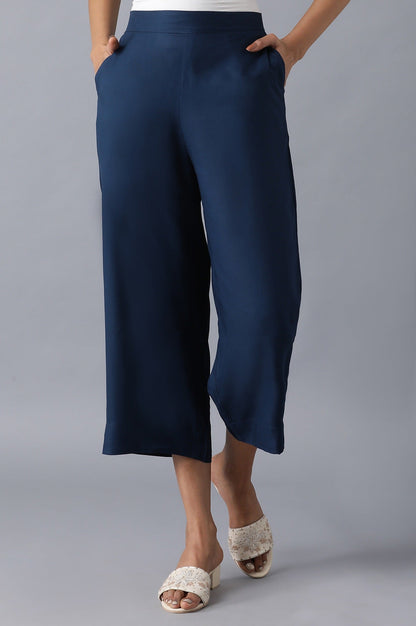 Navy Blue Solid Straight-fit Culottes with Pleated Pockets