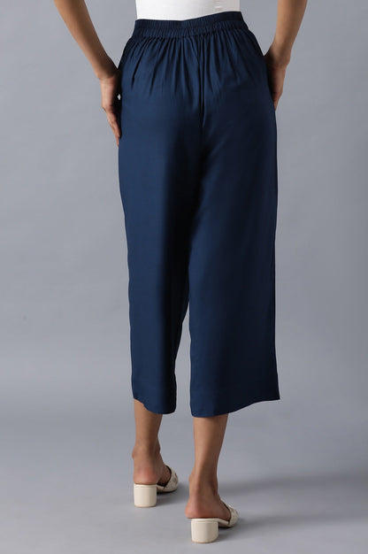 Navy Blue Solid Straight-fit Culottes with Pleated Pockets