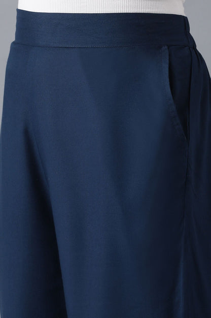 Navy Blue Solid Straight-fit Culottes with Pleated Pockets