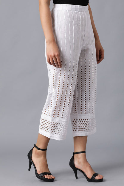 White Solid Wide Leg Cotton Culottes With Embroidered Eyelet Detail