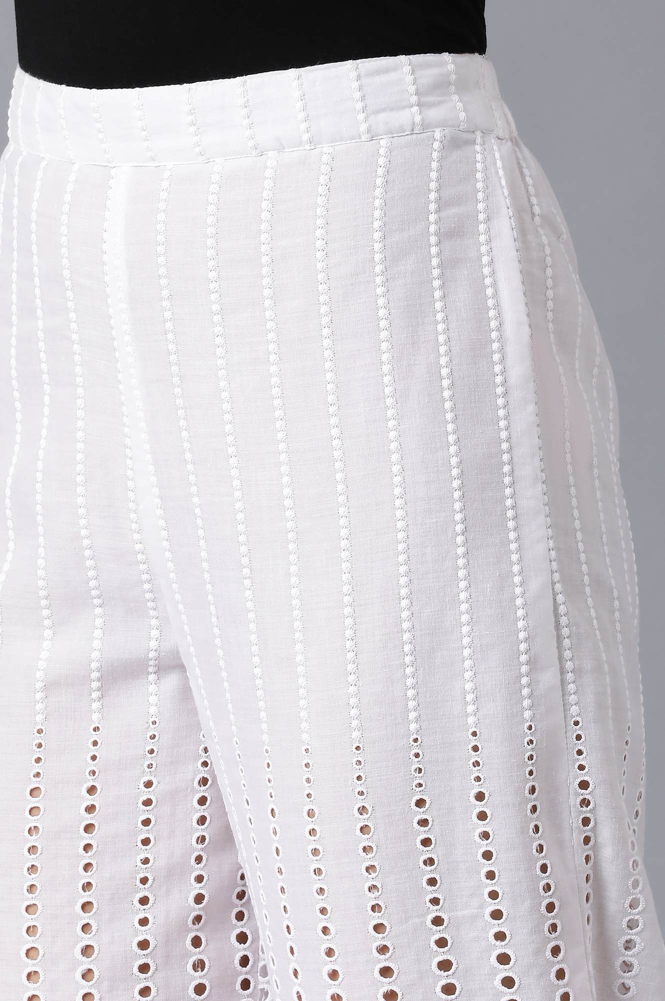 White Solid Wide Leg Cotton Culottes With Embroidered Eyelet Detail