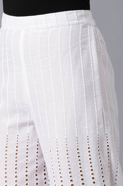 White Solid Wide Leg Cotton Culottes With Embroidered Eyelet Detail