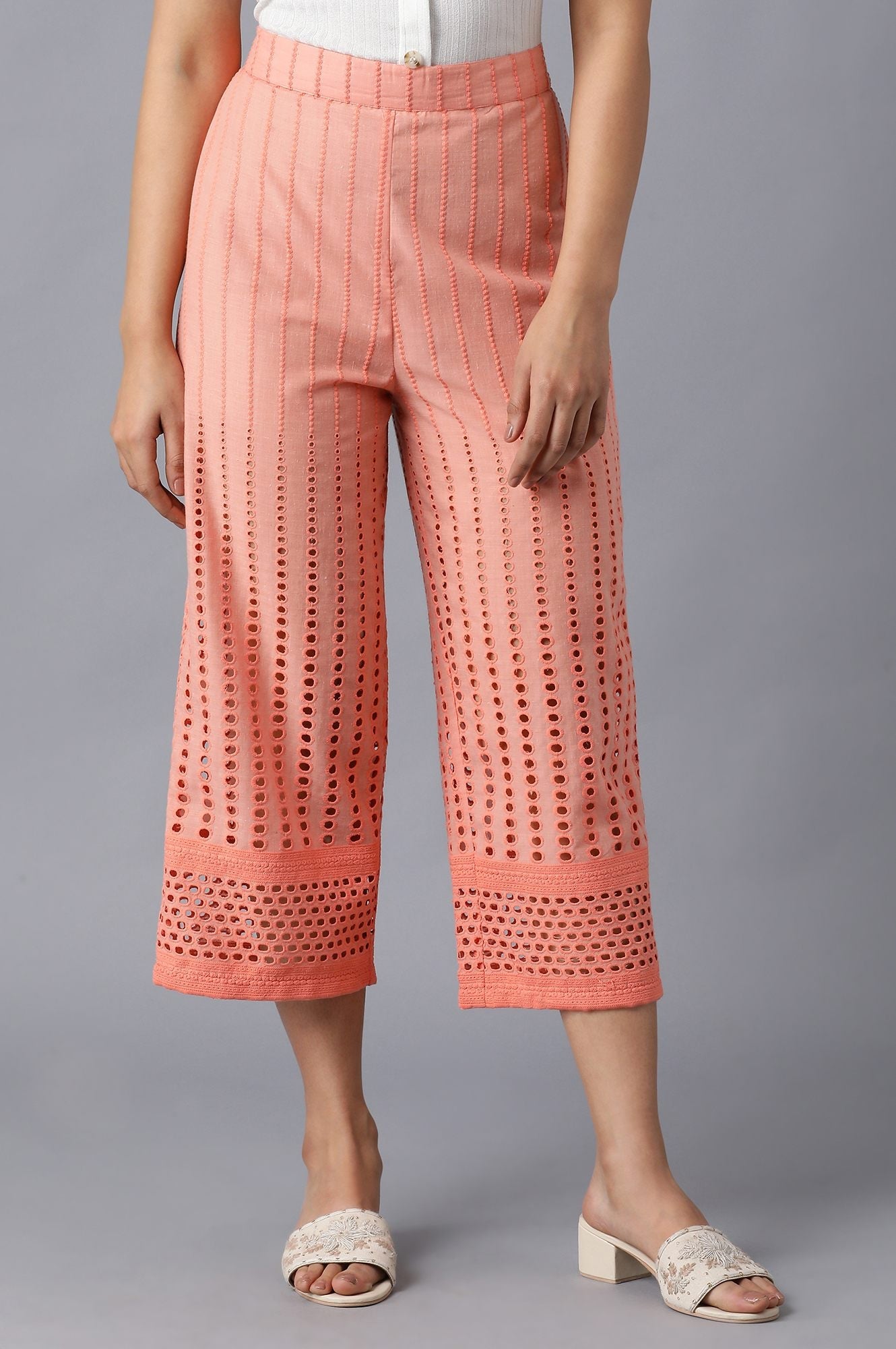 Peach Solid Straight Fit Cotton Culottes With Embroidered Detailing