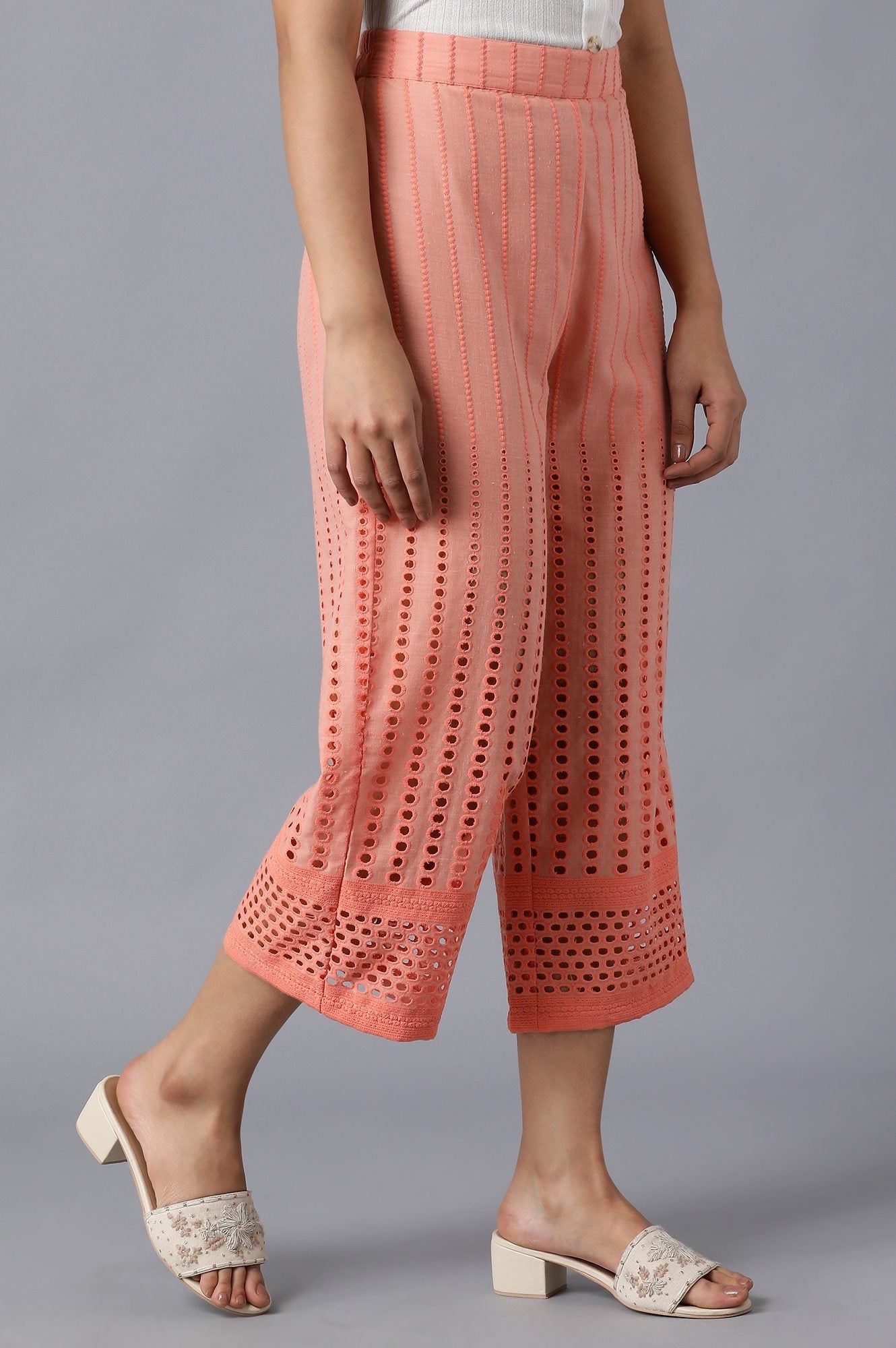 Peach Solid Straight Fit Cotton Culottes With Embroidered Detailing