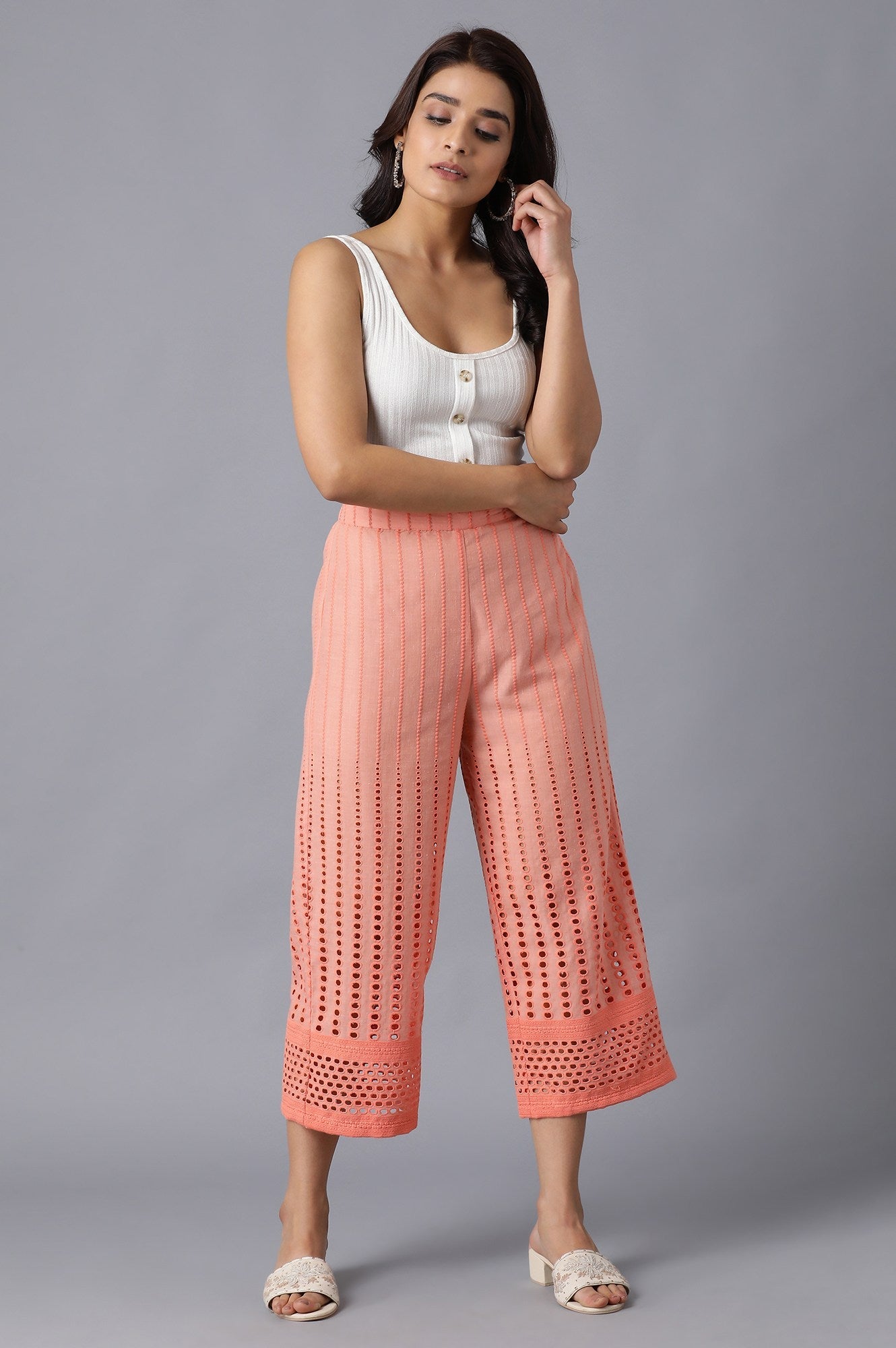 Peach Solid Straight Fit Cotton Culottes With Embroidered Detailing
