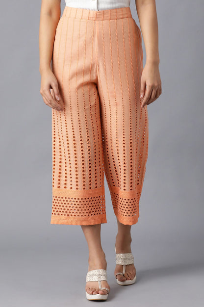 Peach Solid Straight Fit Cotton Culottes With Pleated Pockets