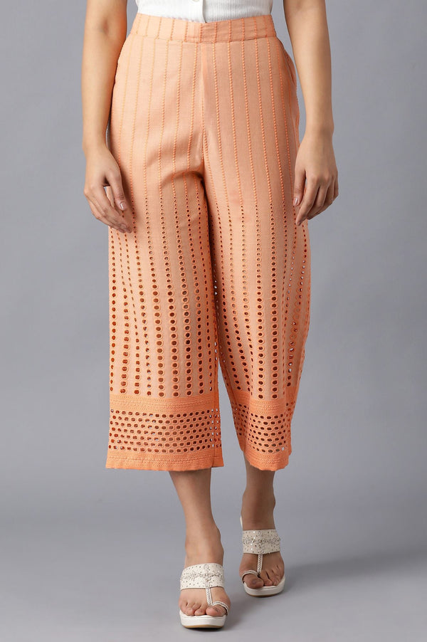 Peach Solid Straight Fit Cotton Culottes With Pleated Pockets