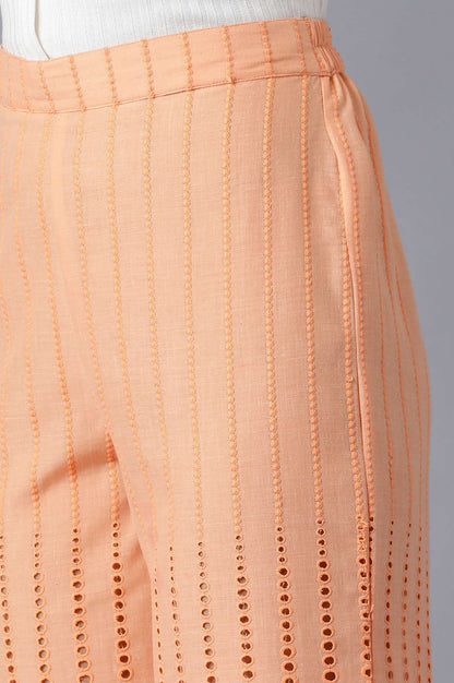 Peach Solid Straight Fit Cotton Culottes With Pleated Pockets
