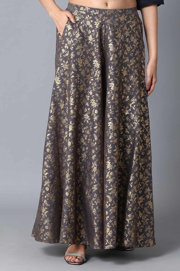 Charcoal Grey Floral Printed Flared Cotton Palazzo With Elasticated Waist