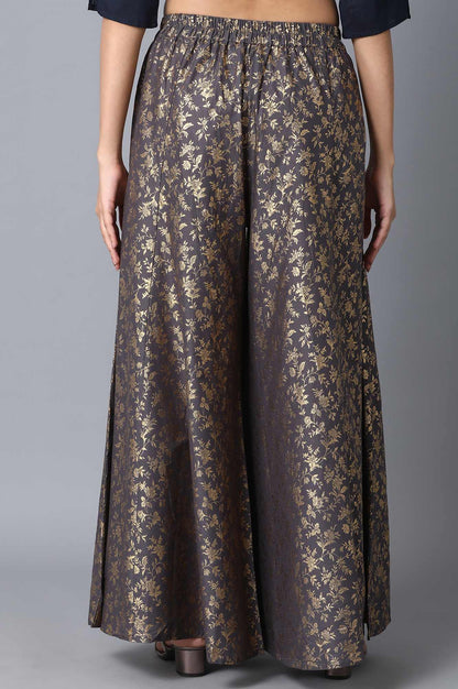 Charcoal Grey Floral Printed Flared Cotton Palazzo With Elasticated Waist