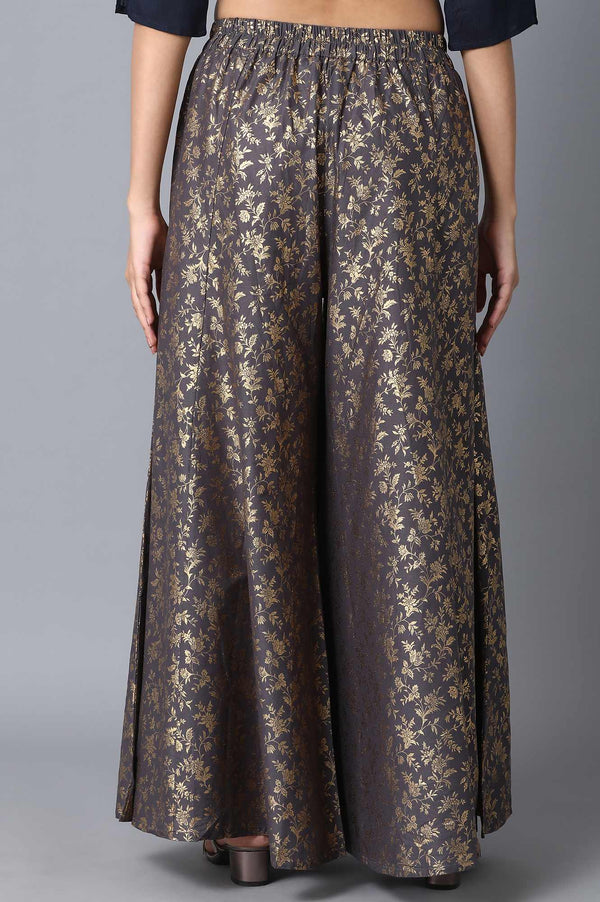 Charcoal Grey Floral Printed Flared Cotton Palazzo With Elasticated Waist