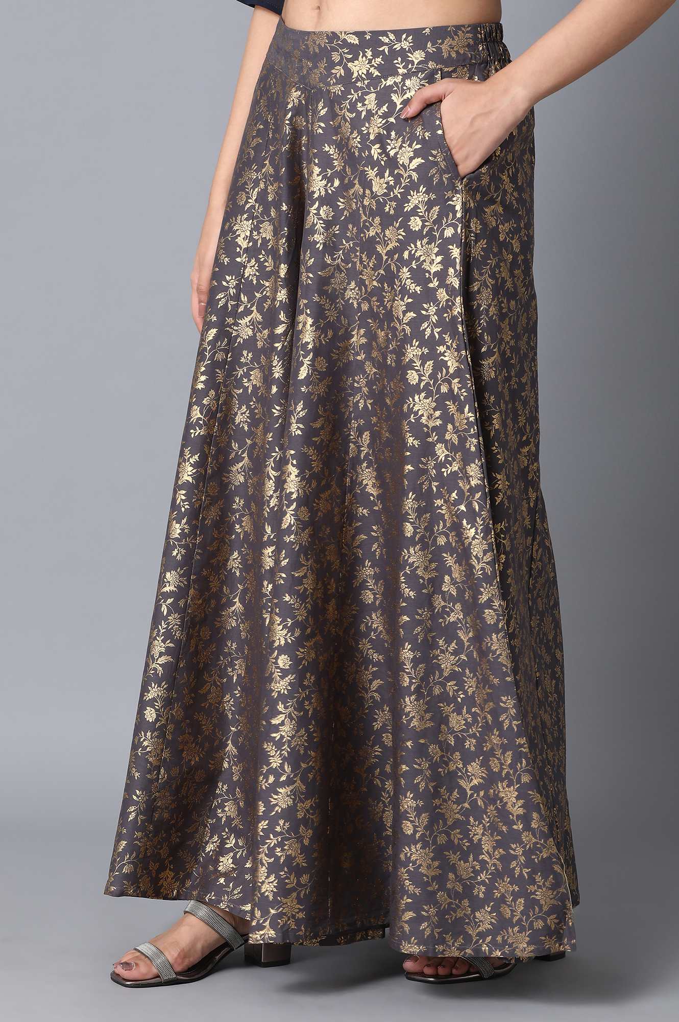 Charcoal Grey Floral Printed Flared Cotton Palazzo With Elasticated Waist