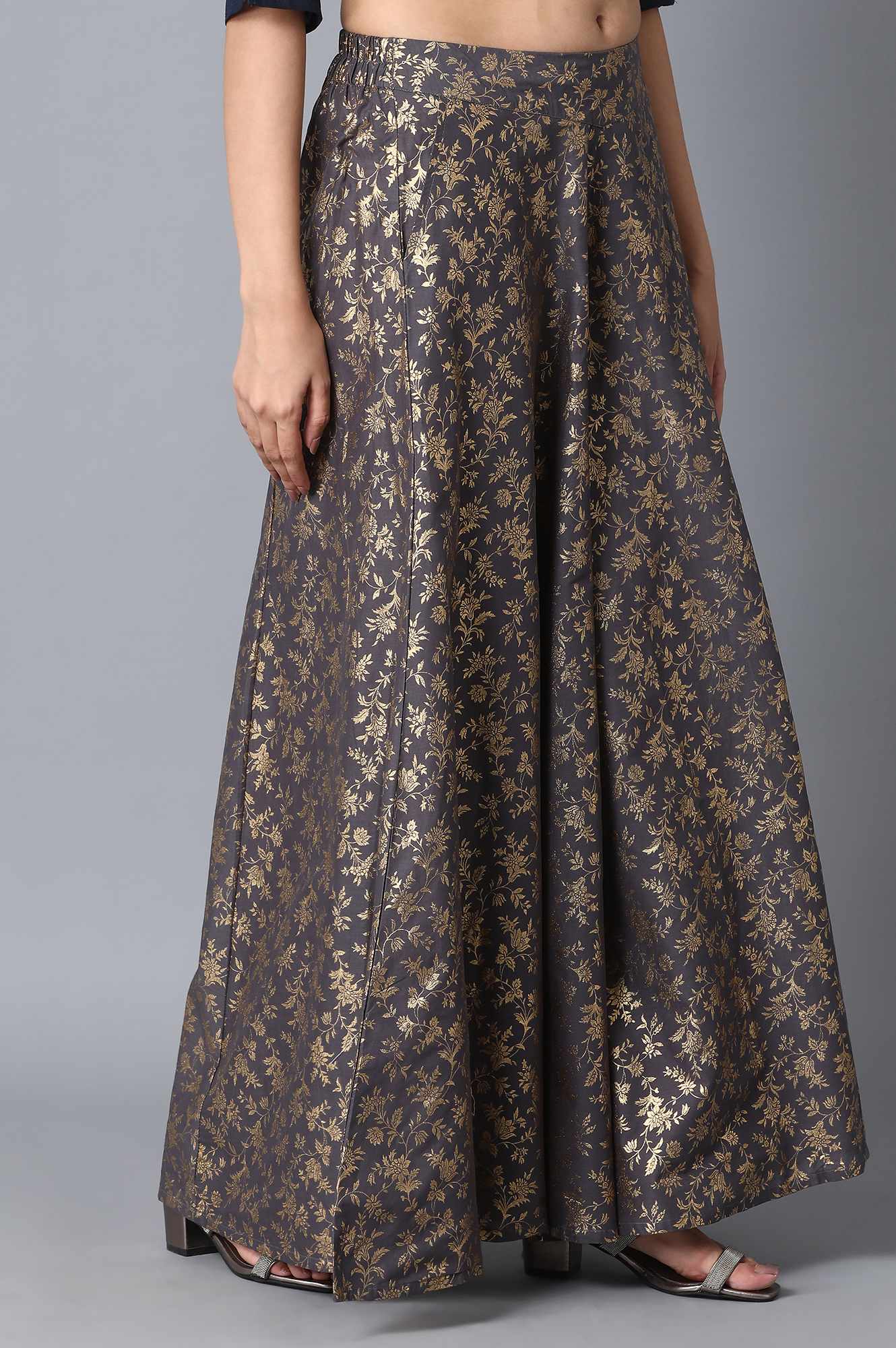 Charcoal Grey Floral Printed Flared Cotton Palazzo With Elasticated Waist