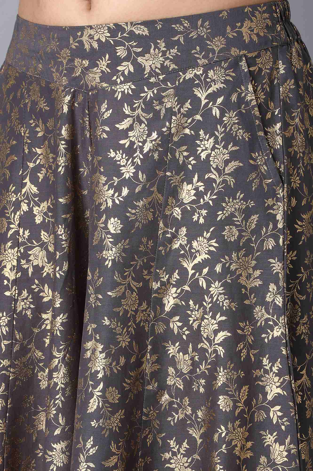 Charcoal Grey Floral Printed Flared Cotton Palazzo With Elasticated Waist