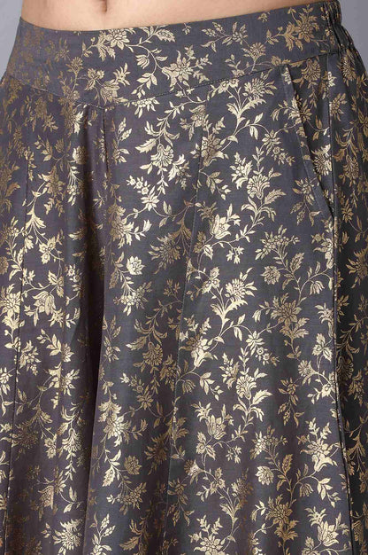 Charcoal Grey Floral Printed Flared Cotton Palazzo With Elasticated Waist