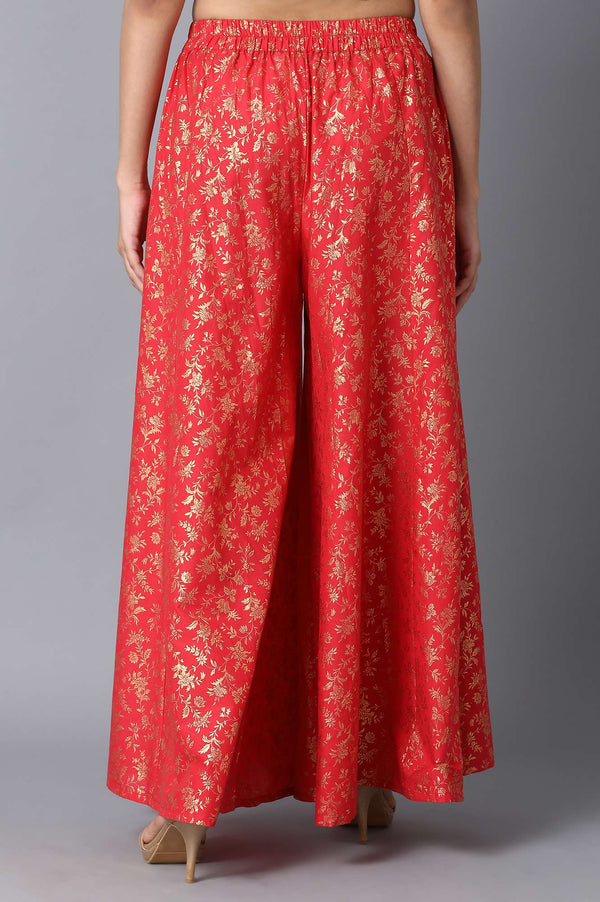 Red Floral Printed Flared Cotton Palazzo With Elasticated Waist