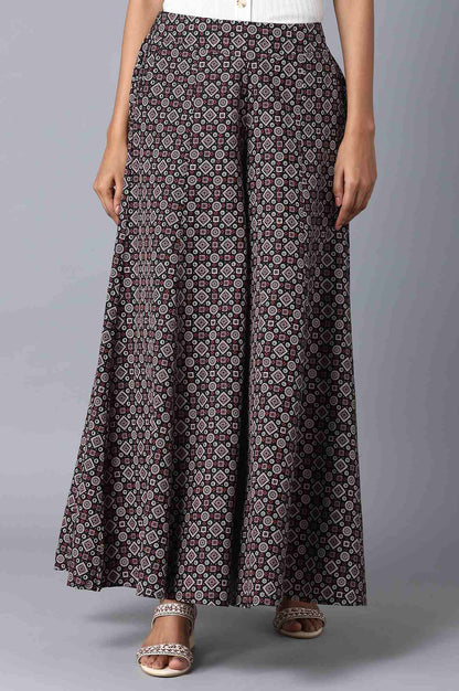 Black Geometric Printed Flared Cotton Palazzo With Elasticated Waist