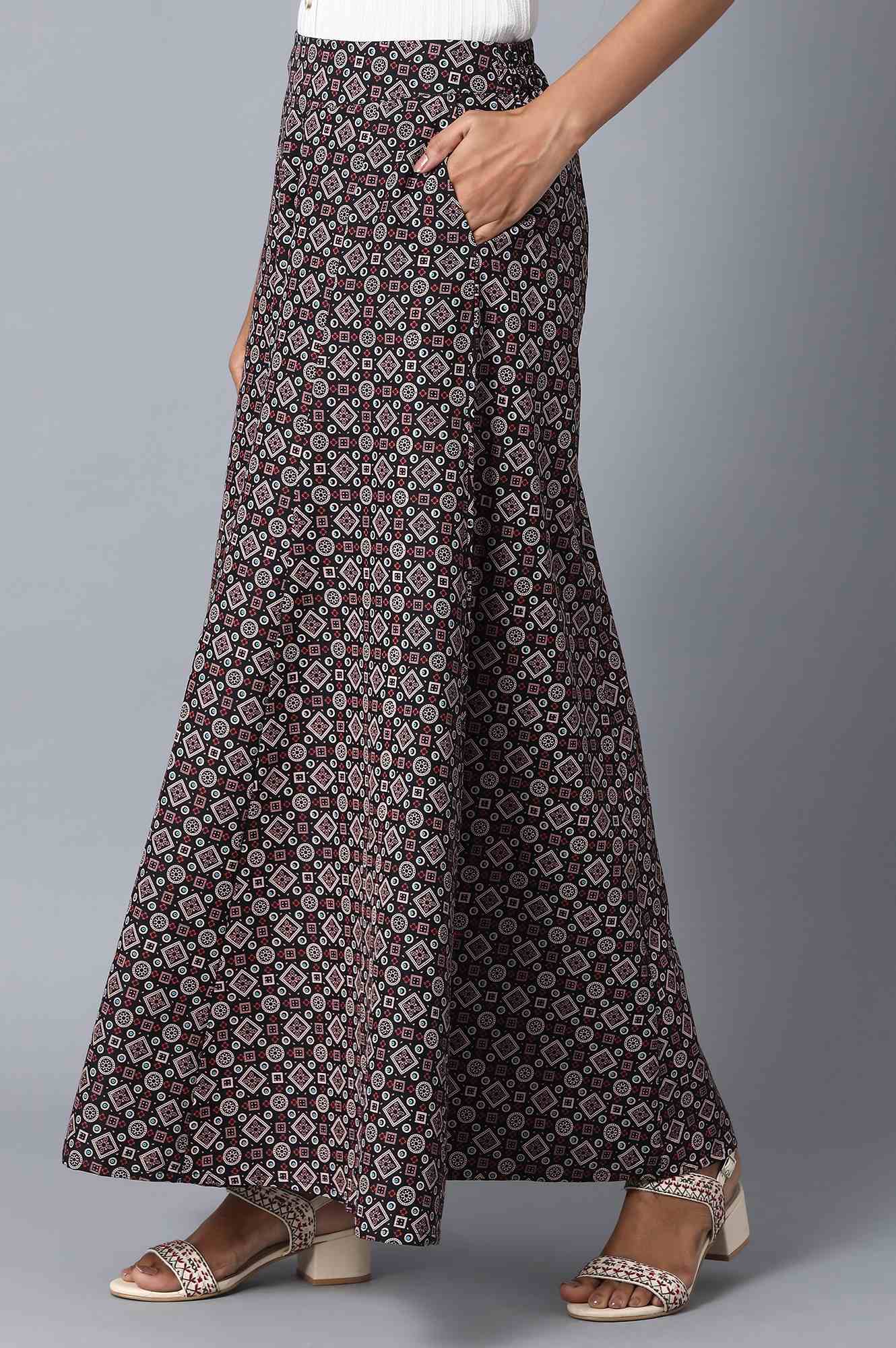 Black Geometric Printed Flared Cotton Palazzo With Elasticated Waist