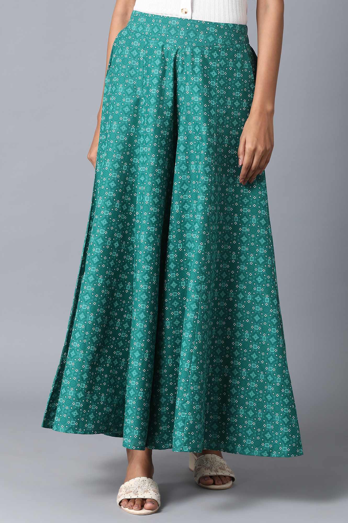 Teal Geometric Printed Flared Cotton Palazzo With Elasticated Waist